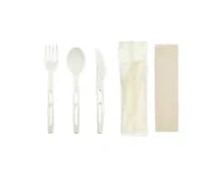 E12KFSN-B | 7'' CPLA Cutlery Set, Knife+Fork+Spoon+Napkin, Compostable Bio Wrapper