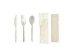 P14KFSN-B | 6'' CPLA Cutlery Set, Knife+Fork+Spoon+Napkin, Compostable Bio Wrapper
