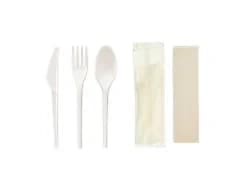 S11KFSN-B | 6.5'' Light Duty CPLA Cutlery Set, Knife+Fork+Spoon+Napkin, Compostable Bio Wrapper