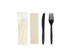 S14BKFN-B | 6.5'' Black CPLA Cutlery Set, Knife+Fork+Napkin, Compostable Bio Wrapper