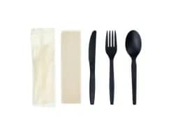 S14BKFSN-B | 6.5'' Black CPLA Cutlery Set, Knife+Fork+Spoon+Napkin, Compostable Bio Wrapper
