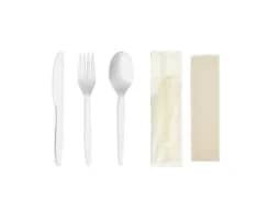 S14KFSN-B | 6.5'' CPLA Cutlery Set, Knife+Fork+Spoon+Napkin, Compostable Bio Wrapper
