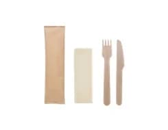 W55KFN-B | 5.5''  Disposable Wooden Cutlery Set, Knife+Fork+Napkin, Compostable