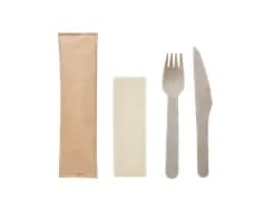 W65KFN-B | 6.5''  Disposable Wooden Cutlery Set, Knife+Fork+Napkin, Compostable