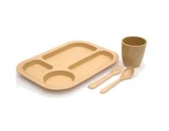4441 | Reusable & Biodegradable BambooWare, Kids Dinnerware Sets  10”x 8” Tray + 8 oz Cup + 5” Fork & Spoon