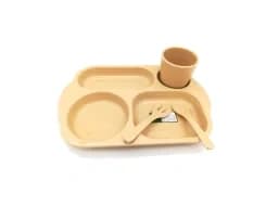 7106 | Reusable & Biodegradable BambooWare, Kids Dinnerware Sets  12”x 8” Tray + 8 oz Cup + 5” Fork & Spoon
