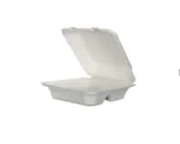 B031 | 8″ x 8″ 3-Compartment Bagasse Clamshell Container